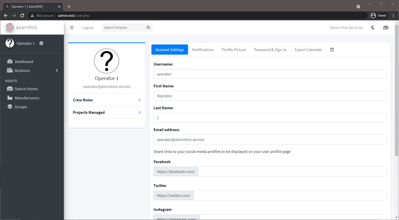 Account Settings User Information Page