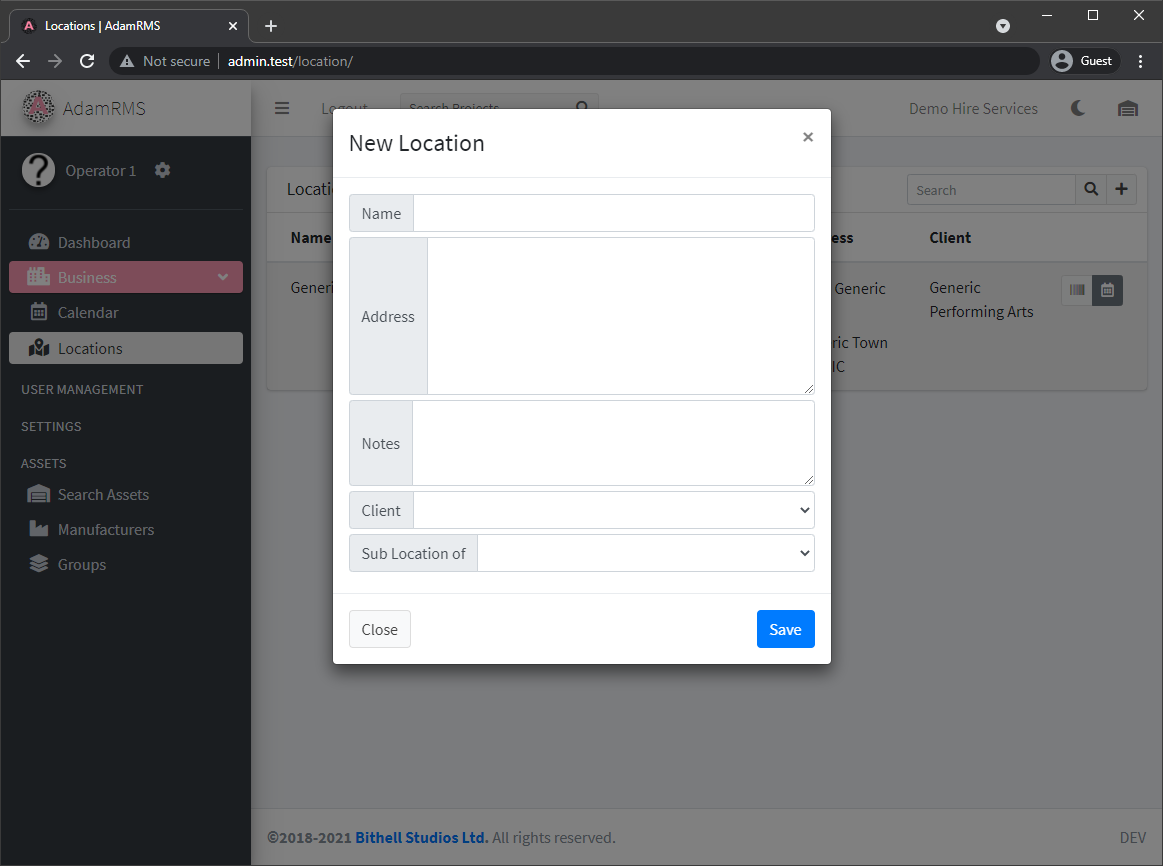 New Location popup New Location